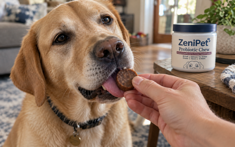 A Labrador taking a ZeniPet chew from her owner's hand