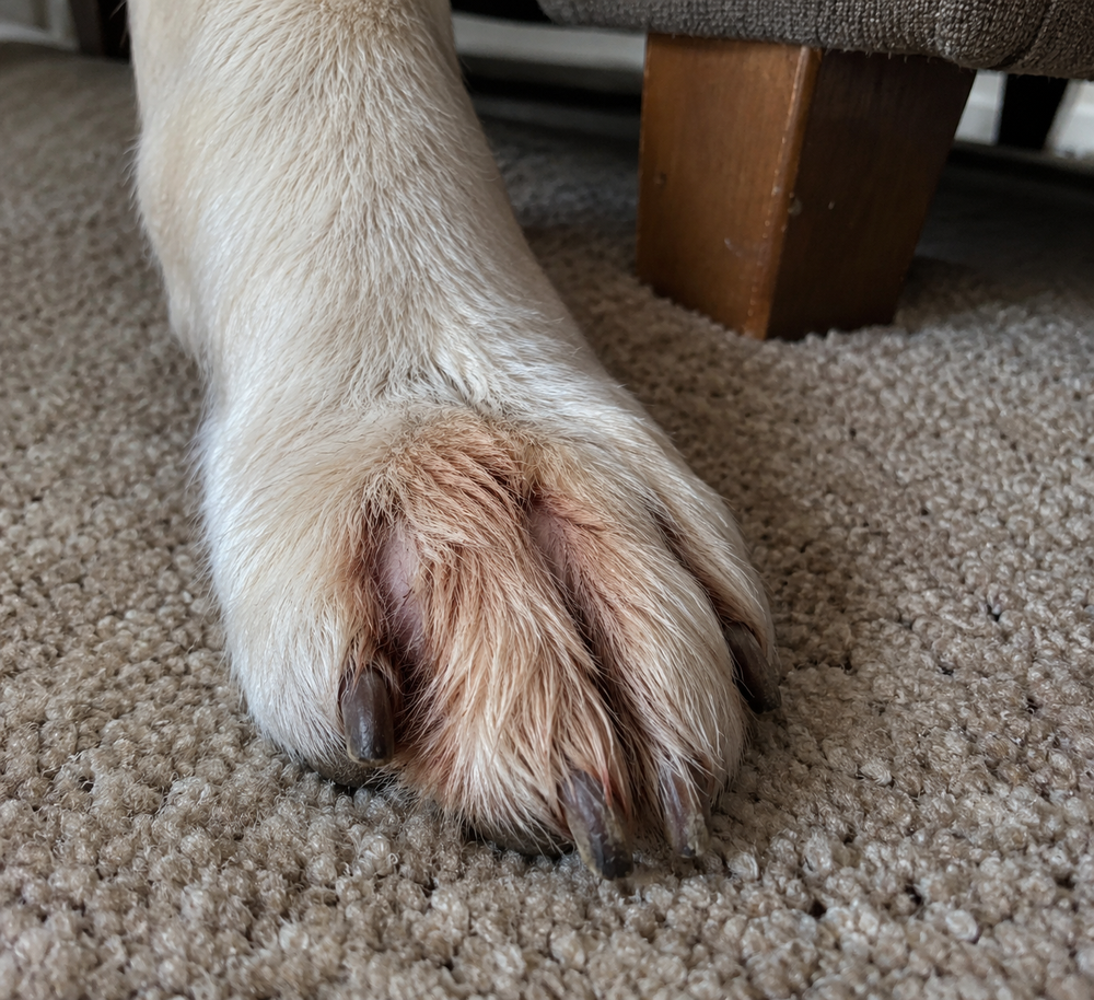 Close-up of a Labrador's paw on the carpet