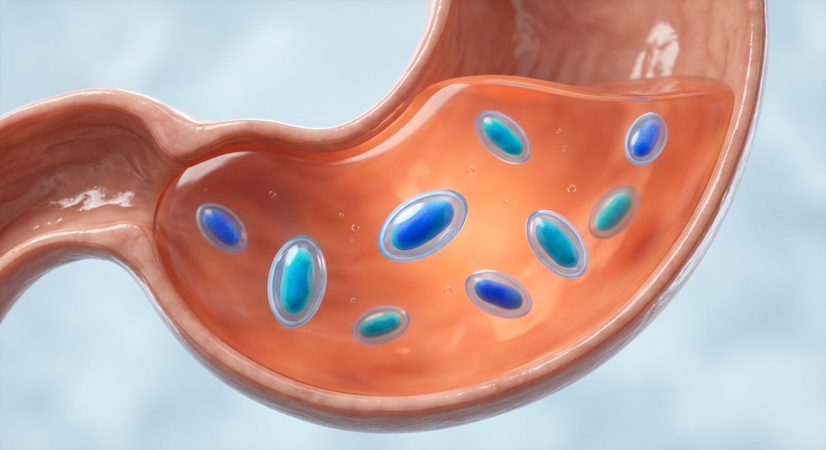 Illustration of spore-forming probiotics passing through the stomach