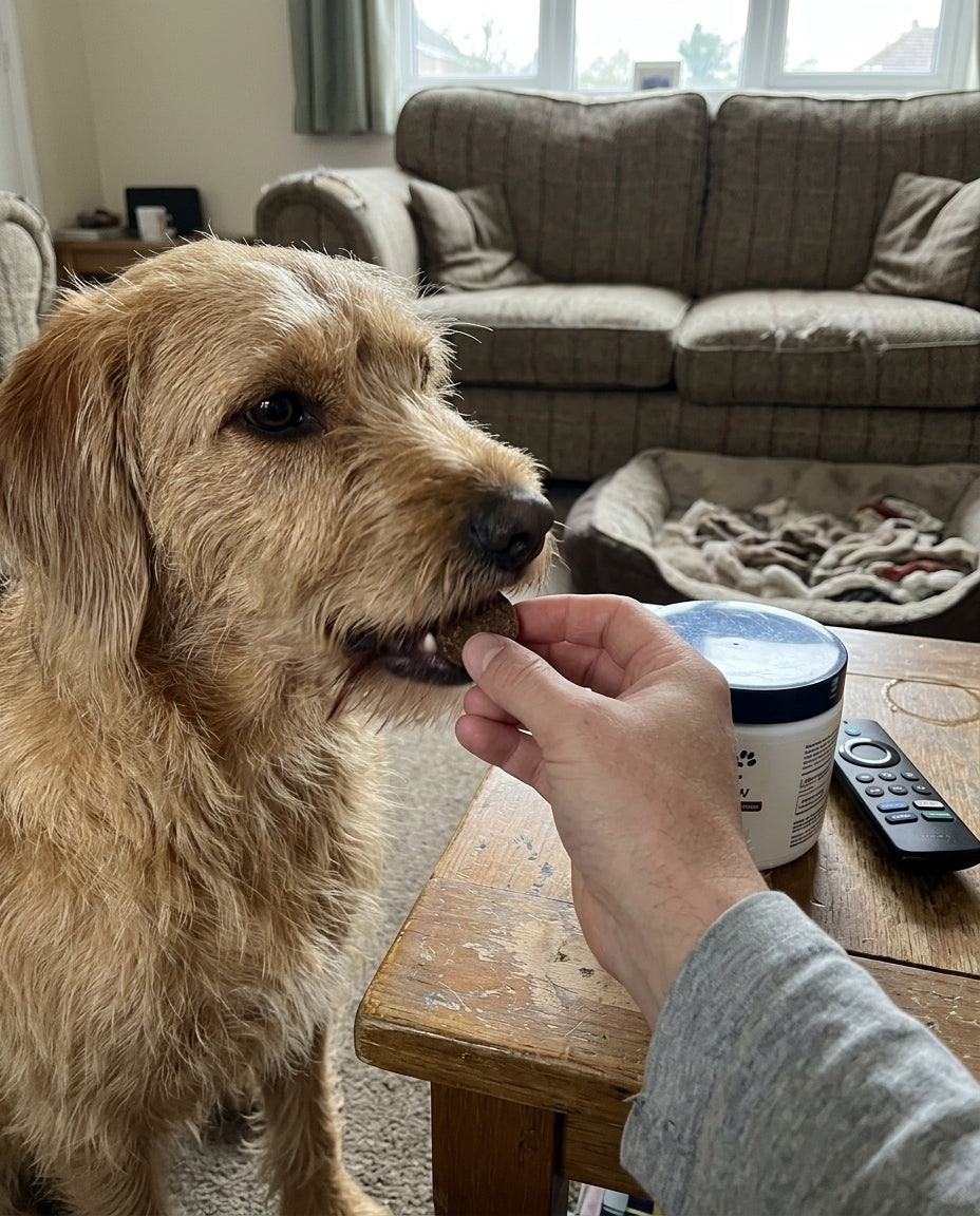A ZeniPet salmon soft chew next to the jar