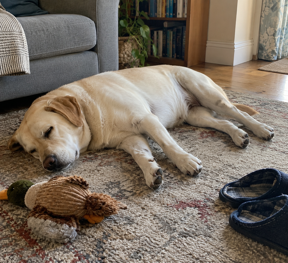 A calm Labrador asleep on the living-room rug